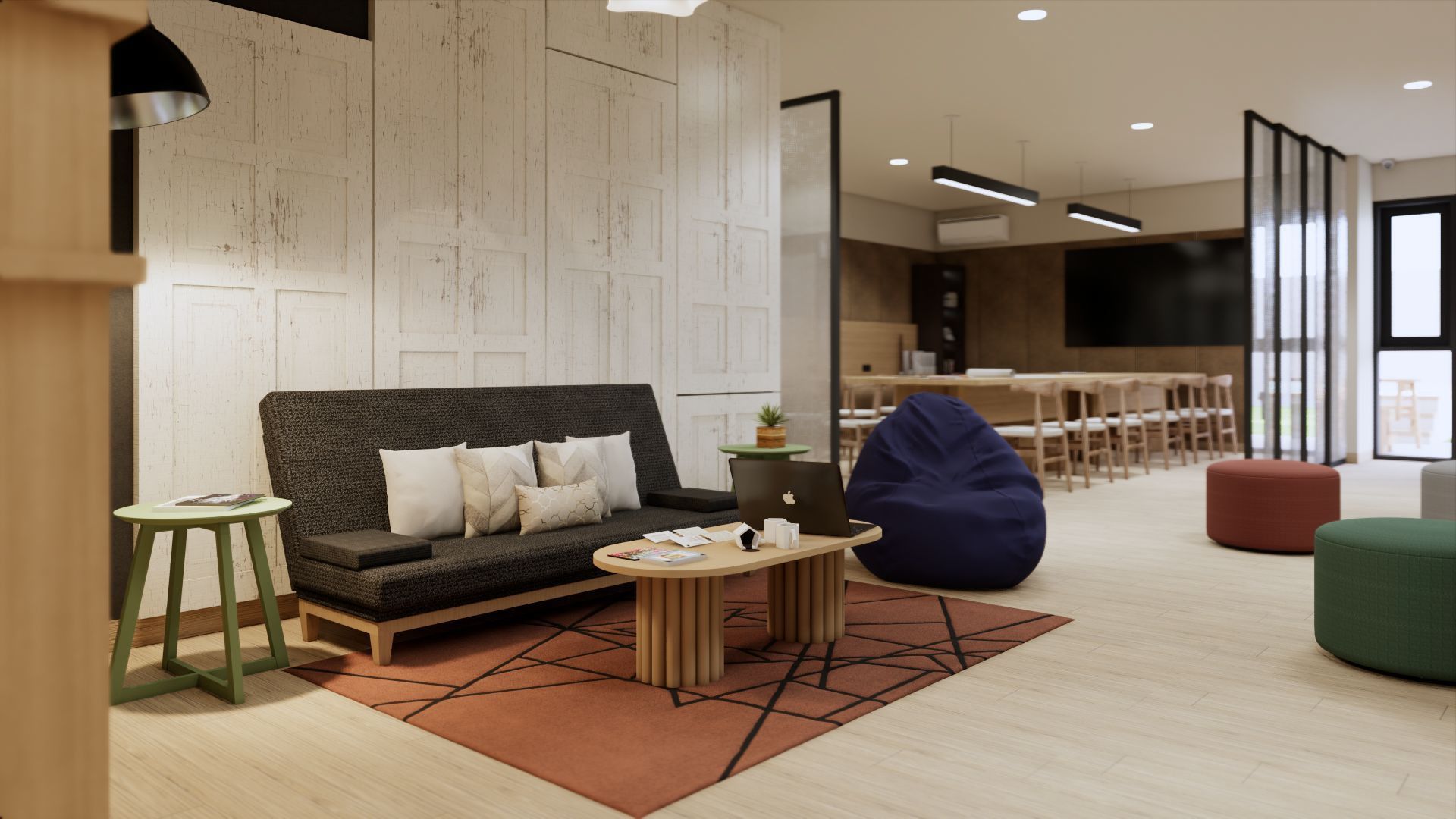 Lounge with sofa and bean bags