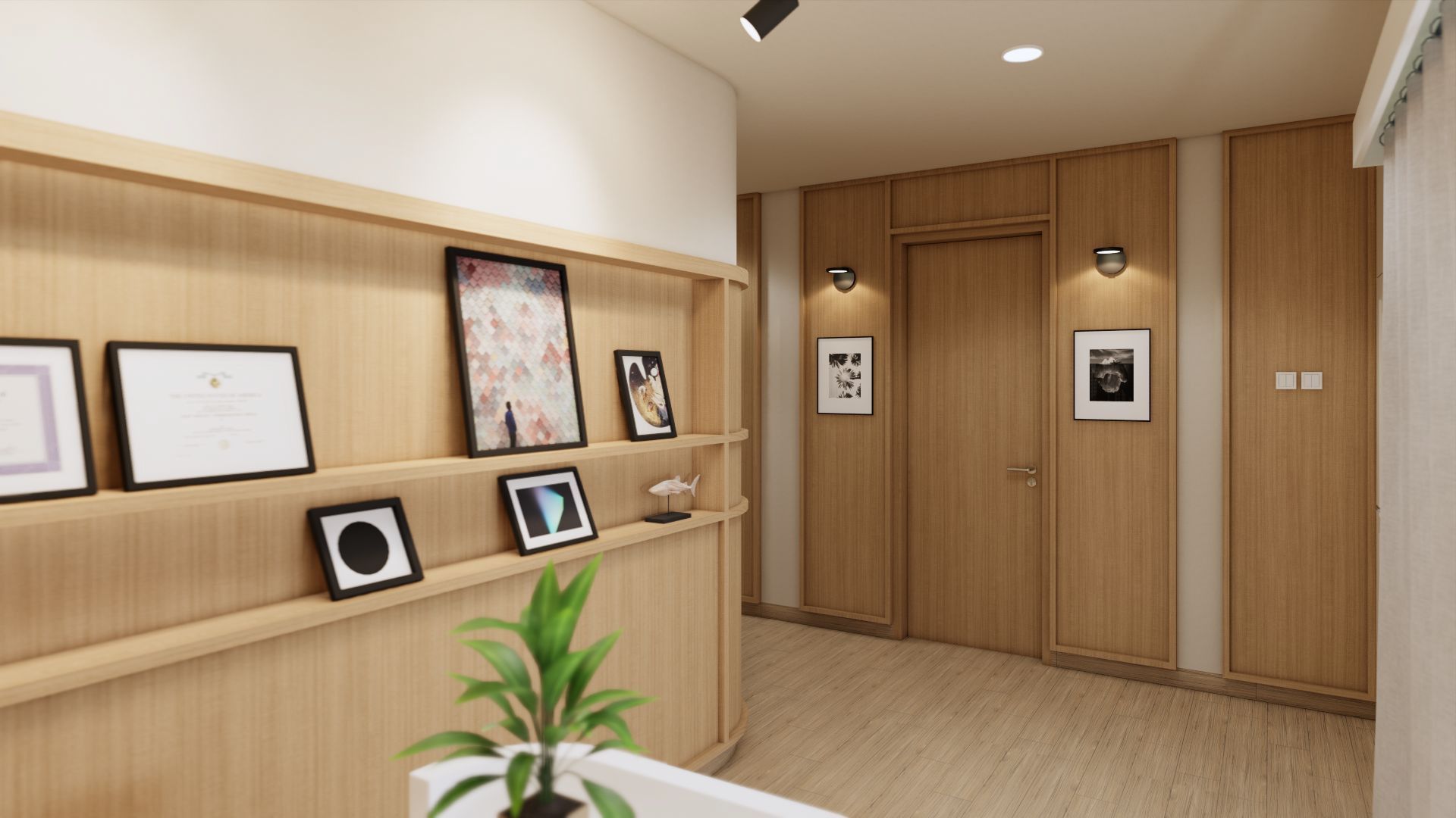 Reception with timber wall panels