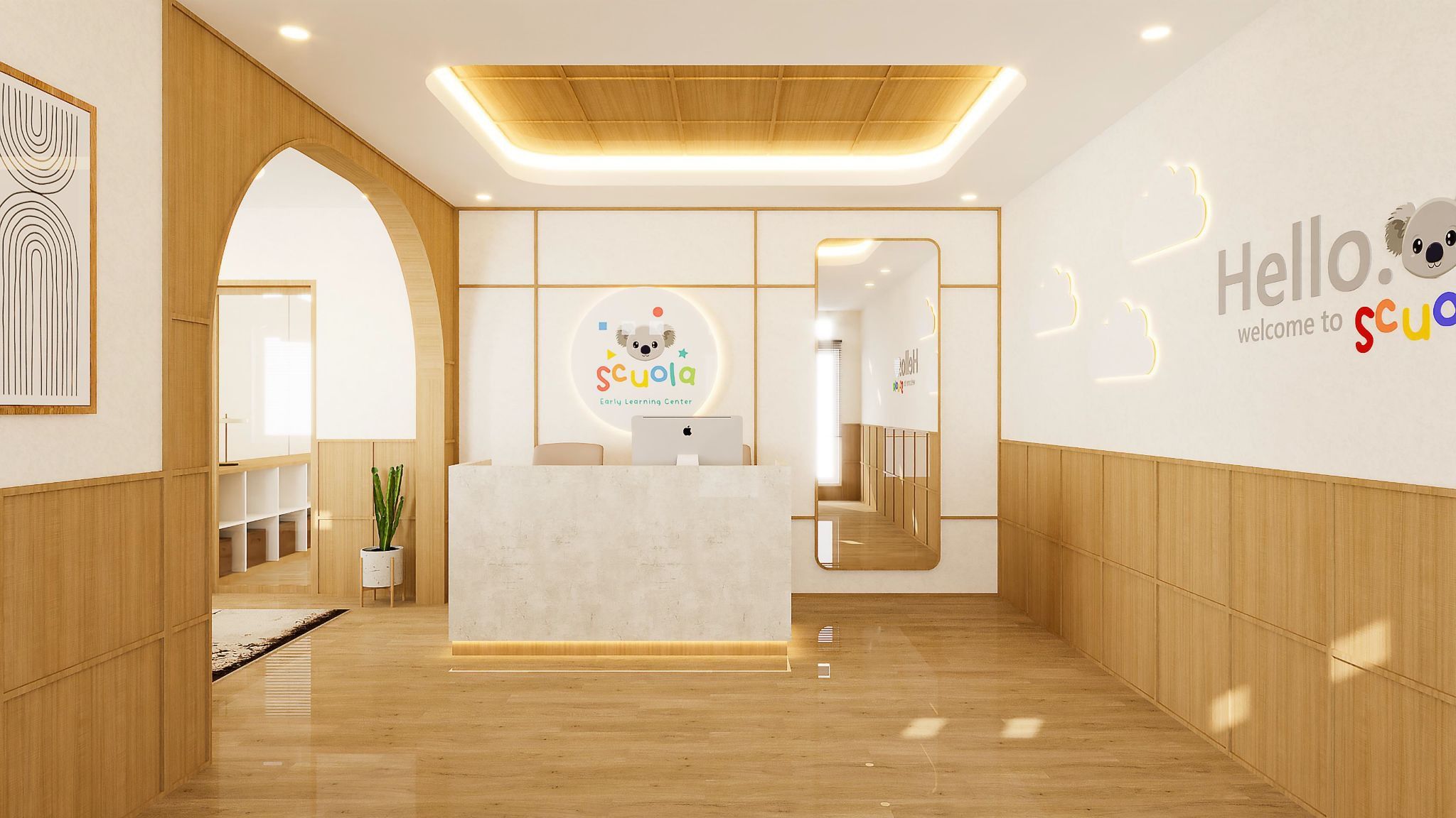Reception with arched walls and Scuola logo